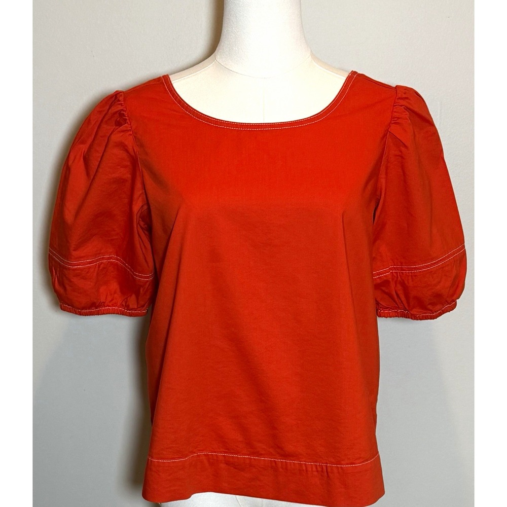 LOFT Orange Solid Scoop Neck Puff Short Sleeve Cotton Modal Blouse Women XS NWOT